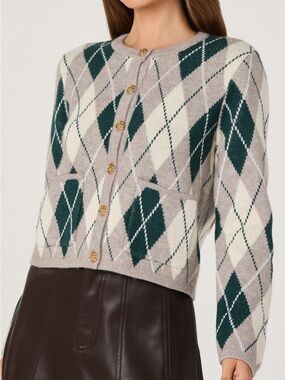 Astr Argyle Crewneck Cardigan in Beige, Cream & Forest Green